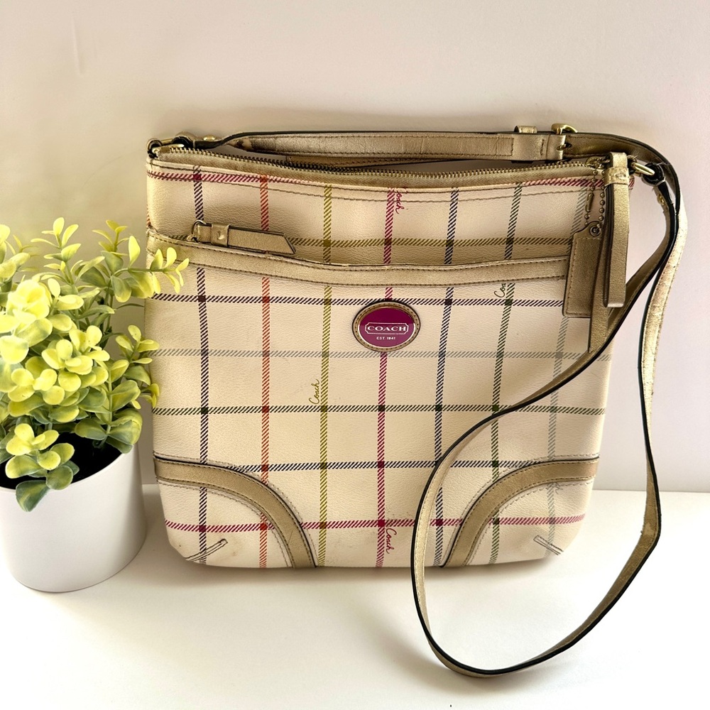 Coach Tattersall Plaid Peyton File Bag Large Crossbody Purse Poppy